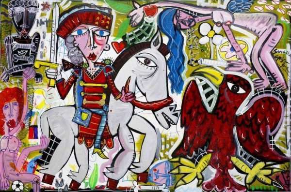 quadro moderno dipinto figurativo con uomo a cavallo e l'acquila d'austria quadro grande per arredare soggiorno