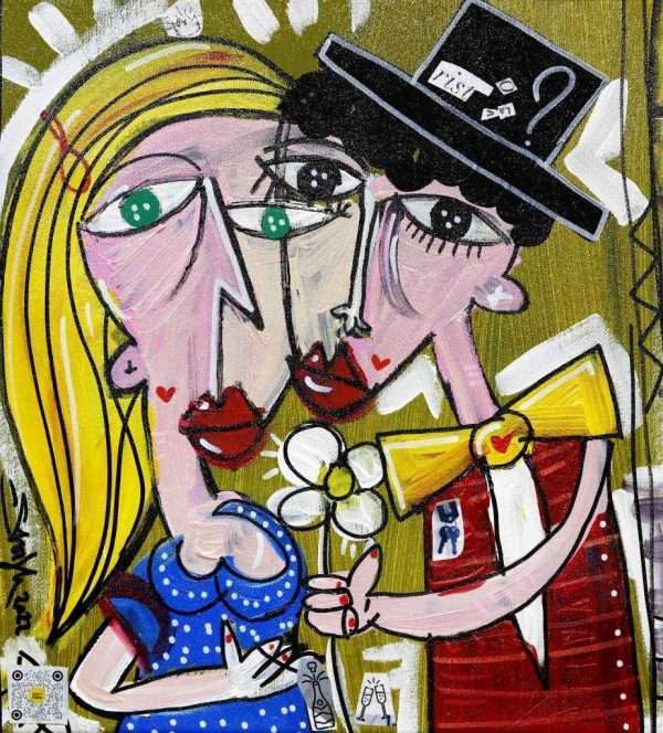 quadro moderno molto romantico coppia innamorata su fondo verde pistacchio idea regalo matrimonio e anniversario