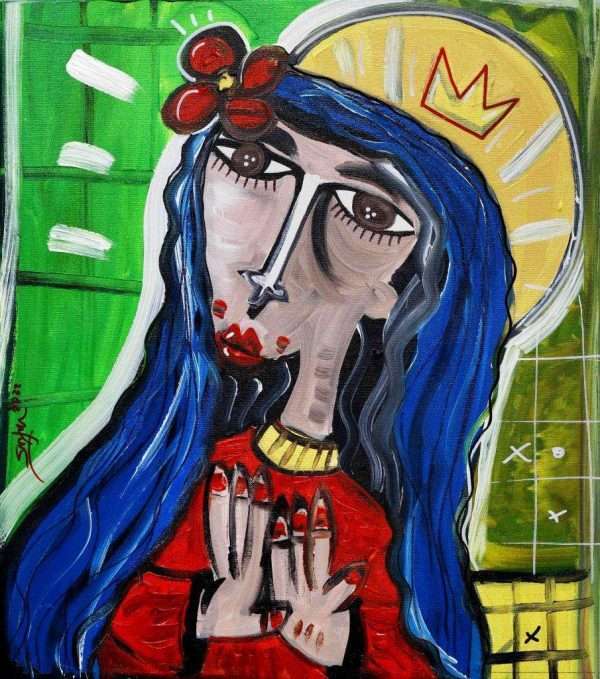quadro moderno ritratto di donna in stile cubista con colori intensi come verde rosso e blu ritratto della Madonna