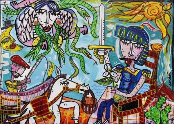 quadro moderno sulla Sicilia con Pupo Siciliano e Trinacria ideale per arredare camera di albergo in Sicilia