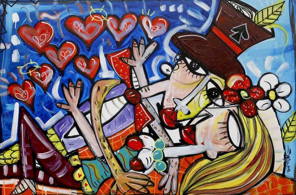 "Piovono Cuori" farbenfrohes romantisches Gemälde, modernes Kunstwerk des zeitgenössischen Künstlers A. Siviglia mit einem verliebten Paar, das sich umarmt und küsst, während viele Herzen auf sie regnen. Wunderschönes Gemälde, perfekt als Schlafzimmereinrichtung oder als Hochzeitsgeschenk