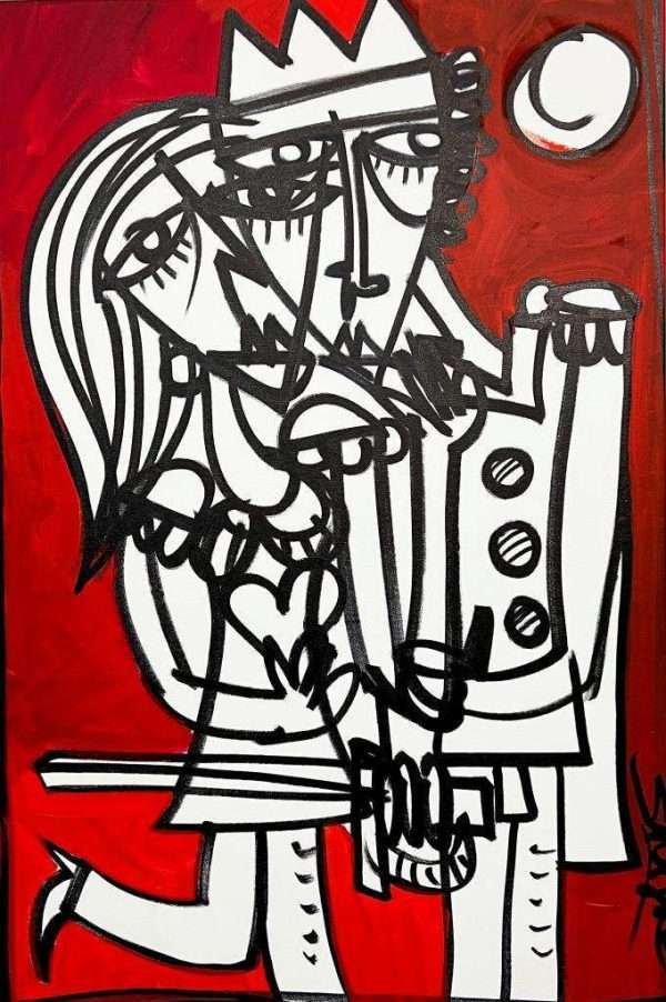 quadro un gran regalo - dipinto moderno con fondo rosso e figure in bianco e nero