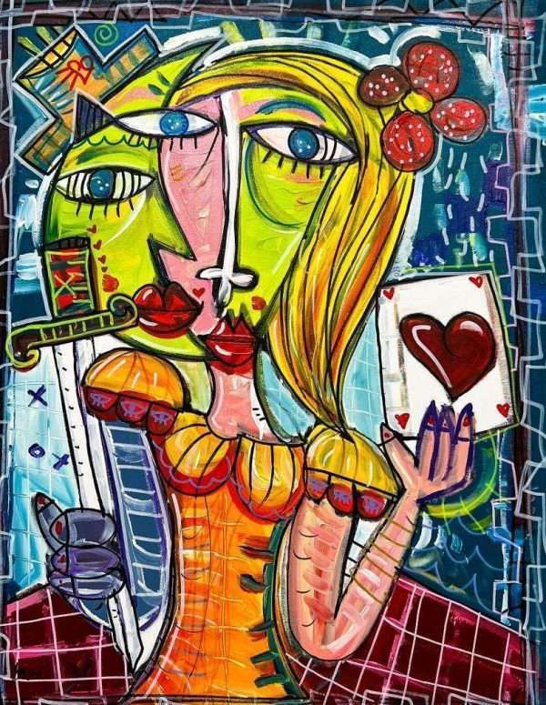quadro moderno ritratto di donna con capelli biondi e occhi azzurri in stile cubista