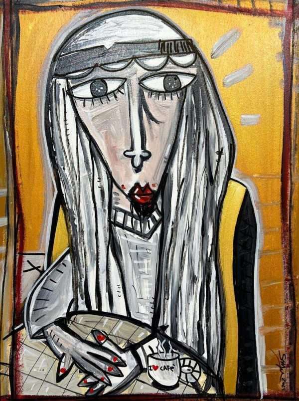 quadro moderno ritratto di uno sceicco arabo quadro con uomo ricco davanti una semplice tazza di caffè