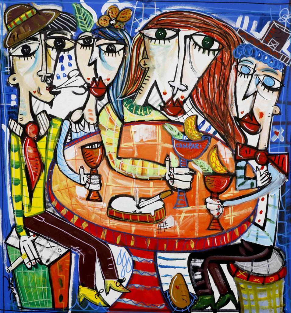 Modernes figuratives Bild was Freunde in einer Bar zeigt, die Campari trinken, Bild auf Leinwand mit leuchtenden Farben, ideal zum Dekorieren von Bars und Clubs