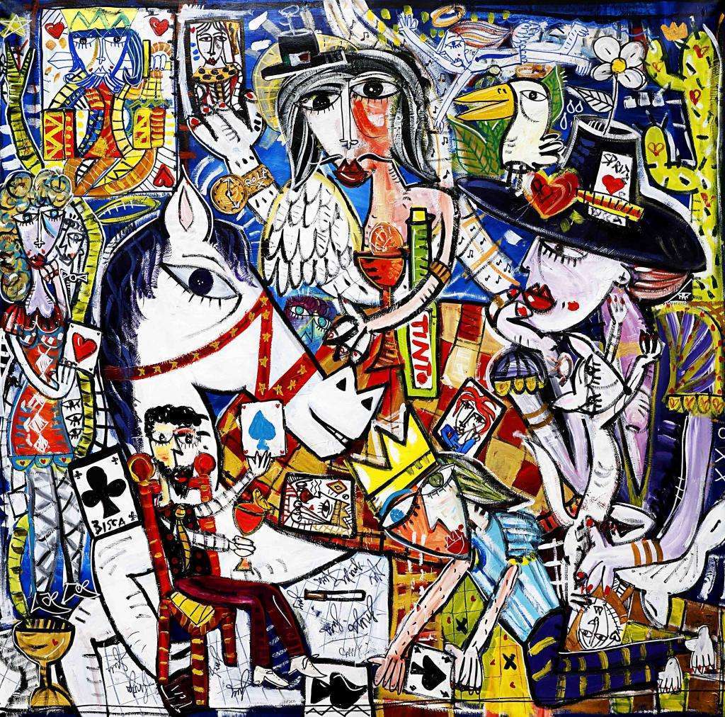modern painting in figurative style with an aperitif scene ideal for decorating an open space in a large and bright villa large painting on canvas with colorful complex casinò scene