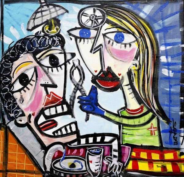 quadro moderno ritratto dottoressa dentista che tira un denta al paziente quadro per studio dentistico