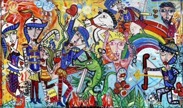 quadro moderno con medici alla lotta contro il cancro dipinto colorato e dinamico in stile figurativo cubista contemporaneo che raffigura medici come soldati e cavalieri che combattono le malattie