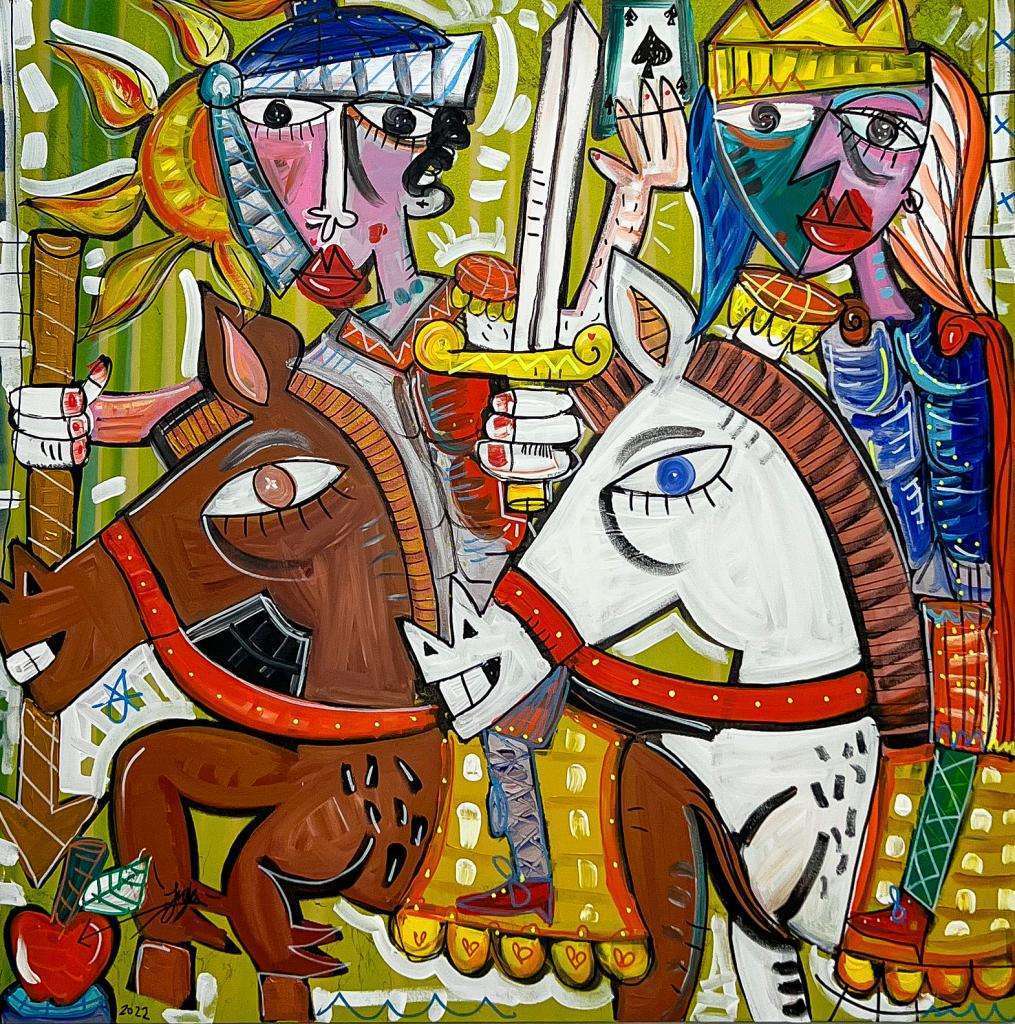 "Tramonto alle Spalle" modern painting on canvas with medieval scene on green background, dynamic colorful artwork in contemporary cubist style by Italian artist Alessandro Siviglia created with a mixed technique of acrylic and spray paint on canvas