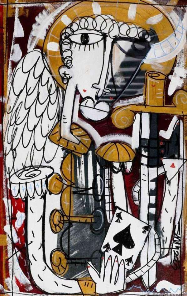 "L'Angelo Ribelle" Der Rebellische Engel modernes Gemälde auf Leinwand Porträt eines Engels in Schwarz Weiß mit Goldfarbenen Highlights