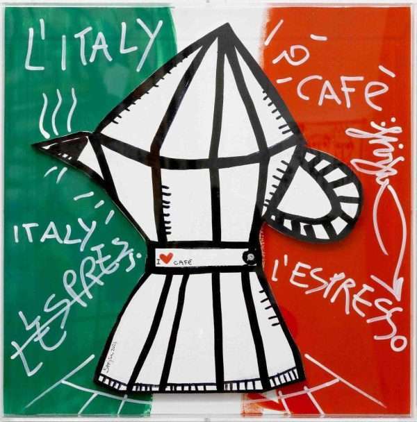 Espresso Italiano kleines Bild mit italienischer Kaffeemaschine Bialetti mit der italienischen Flagge im Hintergrund, Holzskulptur unter einem Plexrahmen, 3-D Kunstwerk von Alessandro Siviglia