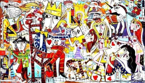 "Il Gioco" großes Gemälde von zwei Metern mit einer sehr komplexen figurativen Szene, ein König umgeben von nackten Frauen, großes Gemälde zur Einrichtung großer Wohnzimmer oder Großraumbüros