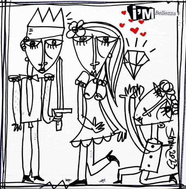 "I'm Bellezza" ist ein kleines Schwarz-Weiß-Bild mit kleinen roten Herzen, ein Porträt eines schönen Mädchens, das von zwei Männern umworben wird. Originalzeichnung modernes Bild von Alessandro Siviglia