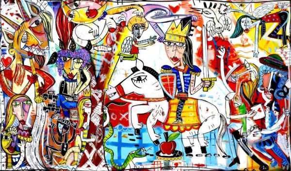 "La Giustizia" großes bild auf leinwand sehr komplexe figurative malerei mit vielen charakteren farbenfrohes und lebendiges bild zur einrichtung ihres wohnzimmers