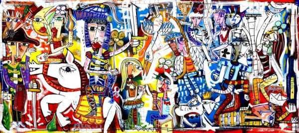 "White Boat Party"Großes modernes Gemälde sehr farbenfrohe und dynamische zeitgenössische Kunstwerke des Künstlers Alessandro Siviglia auf Leinwand gemalt, um ein großes Wohnzimmer oder Wartezimmer einer Arztpraxis einzurichten