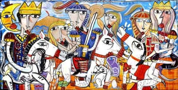 "Donne alla Conquista" Sehr großes modernes Gemälde lang und horizontal mit einer Kampfszene zu Pferd Gemälde mit mittelalterlichem Kampf in einem modernen zeitgenössischen Stil. Originalgemälde des italienischen Künstlers Alessandro Siviglia, sehr gefragter zeitgenössischer Künstler. Bild mit Frauen, die für ihr Recht auf Freiheit und Gleichberechtigung kämpfen.