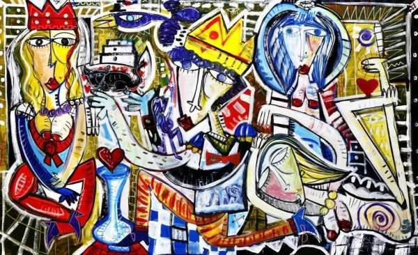 "La Reina, El Rey e las Prostitutas" ist ein modernes Gemälde des zeitgenössischen italienischen Künstlers Alessandro Siviglia. Das Gemälde zeigt eine Königin, einen König, der sie umwirbt, und zwei tanzende Prostituierte. Das Gemälde ist sehr farbenfroh mit starken Kontrasten, die mit Acrylfarben und Öl auf Leinwand geschaffen wurden. Ideal für die Dekoration des Wohn- oder Schlafzimmers.