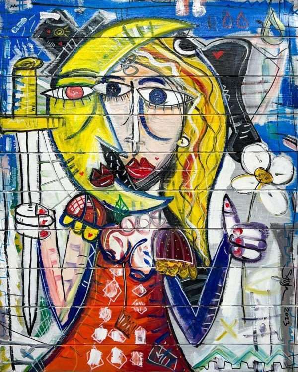 "Las Fallas" modernes Gemälde von Alessandro Siviglia Porträt einer blonden Frau mit Schwert auf Holz