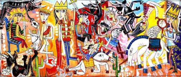 "Separé" Zwei Meter großes Gemälde, Öl auf Leinwand, figurative Malerei, buntes und komplexes Bild im Siviglianischen Stil. Zeitgenössische surrealistisches Kunstwerk mit Engeln und Königen, Frauen, Stieren und anderen Tieren. Ein großes Gemälde mit vielen zu entdeckenden Details, ideal zum Aufhängen im Wartezimmer einer Arzt- oder Anwaltskanzlei oder im großen Wohnzimmer einer modernen Villa.