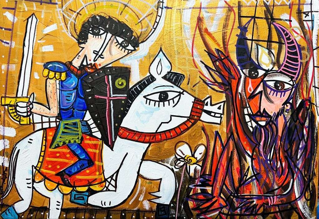 "Lanciato tra le Fiamme" ist ein modernes Gemälde mit einer mittelalterlichen Szene in einem zeitgenössischen Malstil. Wir sehen einen heiligen Ritter zu Pferd, der gegen einen Dämon in Flammen kämpft. Der Held in diesem Werk ist der heilige Georg, der legendäre Soldat, der den Drachen besiegte.