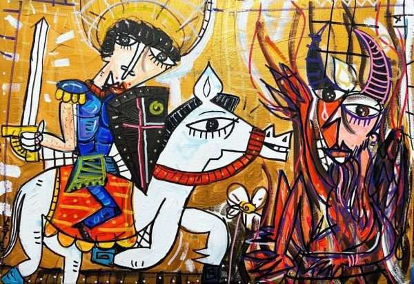 "Lanciato tra le Fiamme" quadro moderno formato piccolo con San Giorgio che combatte contro il Male. Dipinto originale con scena medievale su fondo d'oro con soldato a cavallo che lotta contro il diavolo quadro moderno figurativo in stile cubista contemporaneo di Alessandro Siviglia.
