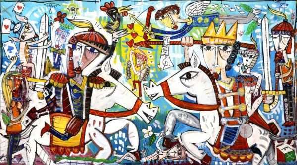 "Bene o Male"iis a very large and colorful painting on canvas, with a light blue background, depicting a medieval battle scene in a contemporary figurative style. Modern painting by Alessandro Siviglia, original work of art made with a mixed technique of acrylic and oil on canvas.