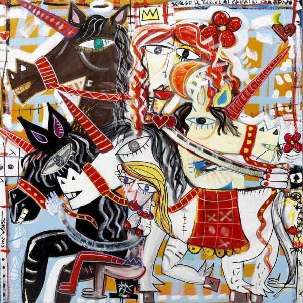 "Unicorni e Donne" modernes Gemälde von A. Siviglia mit einer Szene, die Frauen auf Einhörnern zeigt. Mit überwiegend warmen Farben wie Rot, Orange und Braun auf himmelblauem Hintergrund. Das Originalgemälde im quadratischen Format ist ohne Versand- oder Provisionskosten direkt auf der Website des Künstlers erhältlich. Ein wunderschönes Kunstwerk, ideal für das Wohnzimmer zu Hause, aber auch für Arbeitsumgebungen wie das Büro eines Unternehmers, eine Arztpraxis oder den Empfang eines Beauty-Spas.