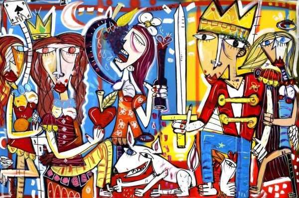 "Il Re e le Tre Sorelle" ist ein Kunstwerk von Siviglia, einem jungen, aber gefragten Künstler mit Wurzeln in Street Art und Graffiti Writing. Diese große Leinwand mit einer figurativen Szene wurde tatsächlich mit Acryl- und Sprühfarben hergestellt, die diesem Gemälde eine einzigartige Dynamik verleihen. Die hellen und lebendigen Farben, die fabelhaften und etwas seltsamen Charaktere ergeben ein farbenfrohes und fröhliches Gemälde. Der vollständige Titel des Werkes lautet „Der König und die drei Schwestern, Traube, Apfel und Orange“.