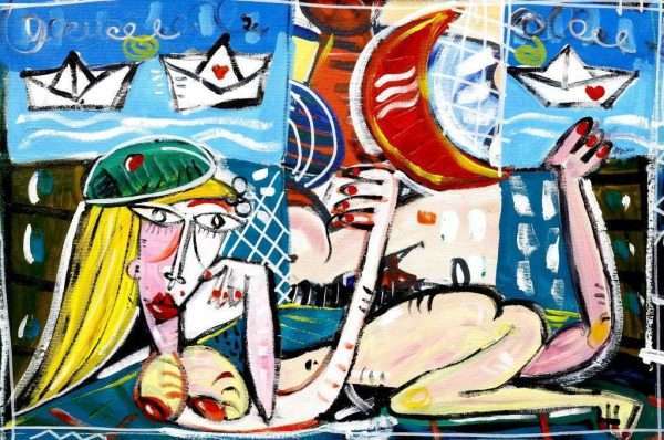 "Ragazza al Vento"ist ein Frauenporträt von Alessandro Siviglia. Die Frau liegt völlig nackt und nur mit einem grünen Hut auf dem Kopf am Ufer, im Hintergrund das Meer. Ein sinnlicher zeitgenössischer kubistischer Akt, ohne vulgär zu sein. Wunderschönes Sommergemälde, ideal für die Dekoration eines Ferienhauses am Meer oder eines B&B an Orten wie San Vito lo Capo, Mondello, Syrakus oder Taormina in Sizilien.