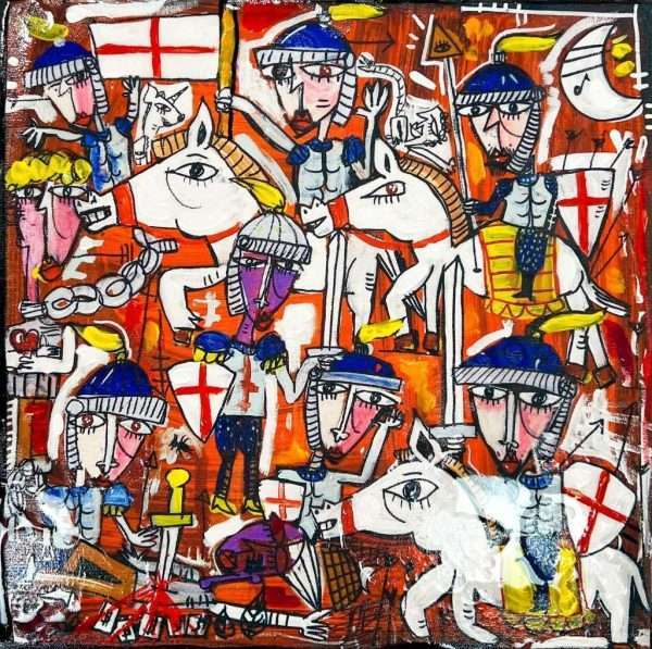 "Le Crociate Moderne" is a small size modern painting with a figurative scene of a medieval battle on horseback. Despite the size, the artist Alessandro Siviglia has created a complex picture with many soldiers, horses, weapons and other details.