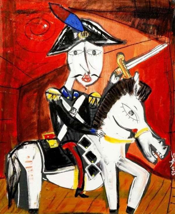 "Alta Uniforme a Cavallo" Es handelt sich um das Porträt eines Carabiniere in offizieller Uniform auf einem weißen Pferd mit rotem Hintergrund. Ideal als Geschenk für einen Carabiniere, für einen Leutnant im Ruhestand, zur Einrichtung des Büros eines Majors. Originalgemälde von Alessandro Siviglia, zeitgenössischer Künstler.