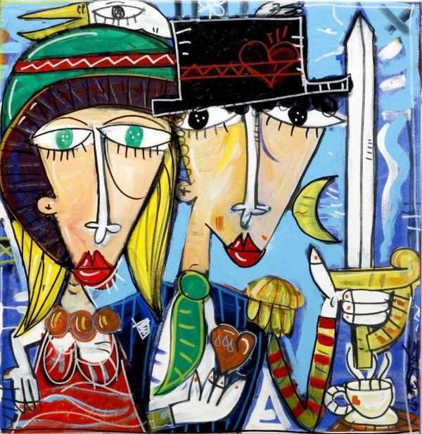 "Bonny e Clyde" ist ein Originalgemälde des zeitgenössischen Künstlers Alessandro Siviglia. Dieses Kunstwerk im kubistischen Stil zeigt ein verliebtes Paar vor einem hellblauen Hintergrund. Siviglia liebt es, Liebe in all ihren Formen zu malen. Modernes Bild zur Einrichtung Ihres Zuhauses oder als Geschenk für Braut und Bräutigam zur Hochzeit.