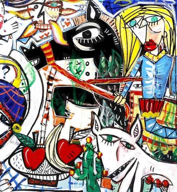 "L'Avventuriero" ist ein sehr farbenfrohes, energisches und dynamisches modernes Gemälde. Handgemalt mit einer Mischtechnik aus hellen und lebendigen Acrylfarben. Die figurative Szene im Siviglianischen kubistischen Stil ist komplex und umfasst neben dem Abenteurer zu Pferd weitere Details wie den weißen „Cangatto“ – eine lustige Mischung aus Katze und Hund, einen Tisch mit einer Obstschale oder den Feigenkaktus, der an Sizilien erinnert.