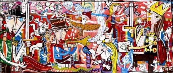 "Loco Sueno" „Verrückter Traum“ ist ein zeitgenössisches Kunstwerk von Alessandro Siviglia. Ein großes Gemälde mit einer figurativen Szene voller Charaktere, Tiere und Symbole in einer verrückten Verflechtung auf einem roten und rosa Hintergrund. Eine große und belebte Leinwand, dynamisch und geheimnisvoll, die wie ein langer surrealer Traum gelesen und interpretiert werden kann. Ideal für die Einrichtung großer Räume, beispielsweise im Wartezimmer einer Arztpraxis oder im Empfangsbereich eines kreativen Unternehmens wie beispielsweise einer Marketing- und Kommunikationsagentur. Perfekt für Orte, an denen Menschen etwas Zeit verbringen, um dieses schöne Werk zu bewundern.