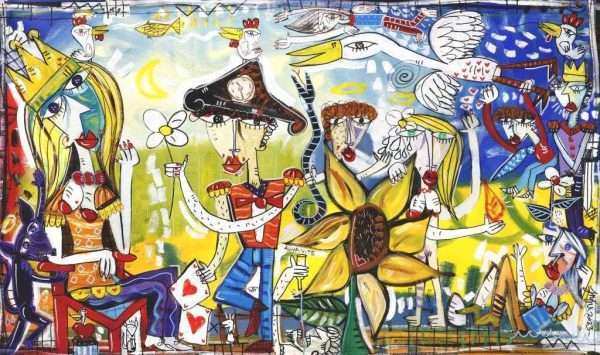 "Il Girasole Magico" ist ein großes, sehr farbenfrohes und fröhliches Gemälde von Alessandro Siviglia, einem zeitgenössischen internationalen Künstler. Die figurative Szene in seinem typischen Siviglianischen Stil erzählt ein Liebesmärchen. Wir sehen eine Königin, die von ihrem Verehrer eine Blume erhält. Im Zentrum des Werkes steht eine große Sonnenblume, die aus dem unteren Bildrand des Bildes aufsteigt, hinter der sich ein nacktes Paar versteckt, das an Adam und Eva erinnert. Es gibt noch viele andere Charaktere, Tiere und versteckte Details. Eine komplexe und lebendige Szene, die zum Beobachten und Interpretieren einlädt.