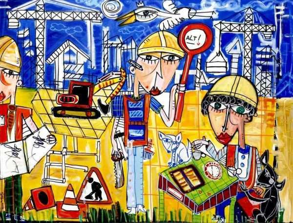 "Le Costruzioni Srl" ist ein modernes Gemälde, das eine Baustelle mit Ingenieur, Konstrukteur und Bauleiter, Schildern, Werkzeugen, Kränen, Bagger usw. auf blau- gelbem Hintergrund darstellt. Ein lustiges Gemälde im zeitgenössischen naiven Stil, handgemalt vom italienischen Künstler A. Siviglia. Ideal für die Einrichtung eines Hoch-Tiefbau- oder Architektenbüros oder auch für das Büro eines Bauunternehmers.