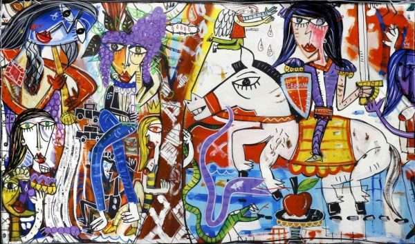 "L'Eroina e Bacco" Originalgemälde auf Leinwand, zeitgenössisches Kunstwerk mit komplexer und lebendiger figurativer Szene. Sehr farbenfrohes großes Gemälde zur Einrichtung des Wohnzimmers. Modernes Bild, ideal für minimalistische Ambiente.