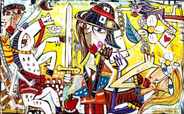 "Il Sentimento" ist ein modernes Gemälde mit gelbem Hintergrund. Das Originalgemälde von Alessandro Siviglia zeigt eine fröhliche und dynamische figurative Szene. Dieses mit Acrylfarben und Sprays auf Leinwand gefertigte zeitgenössische Kunstwerk eignet sich perfekt zur Dekoration des Wohnzimmers, beispielsweise an der Wand hinter einem roten Sofa. Großes Bild für Esszimmer oder Wohnbereich in einem Open Space.