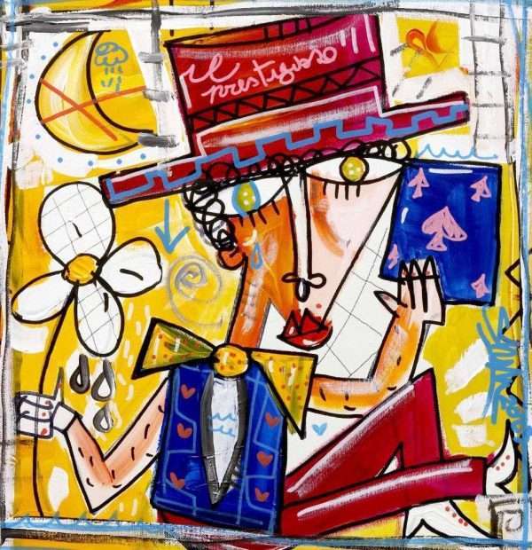 "Il Prestigioso" ist ein Originalgemälde von Alessandro Siviglia, einem international bekannten zeitgenössischen Künstler mit einem einzigartigen und ausgeprägten figurativen Stil. In diesem Kunstwerk sehen wir einen Mann mit rotem Hut, einer Blume und einer Spielkarte in der Hand auf senfgelbem Hintergrund. Ein kleines Gemälde, ein Porträt eines netten Jungen, der sich gelegentlich begehrenswert macht. Ideal als Geburtstagsgeschenk, vielleicht zum 18. Geburtstag eines Jungen oder für den Junggesellenabschied des zukünftigen Bräutigams. Ein kleines Gemälde, das sich problemlos in jede Umgebung einfügt, ideal im Arbeitszimmer neben dem Schreibtisch oder neben dem Bücherregal.