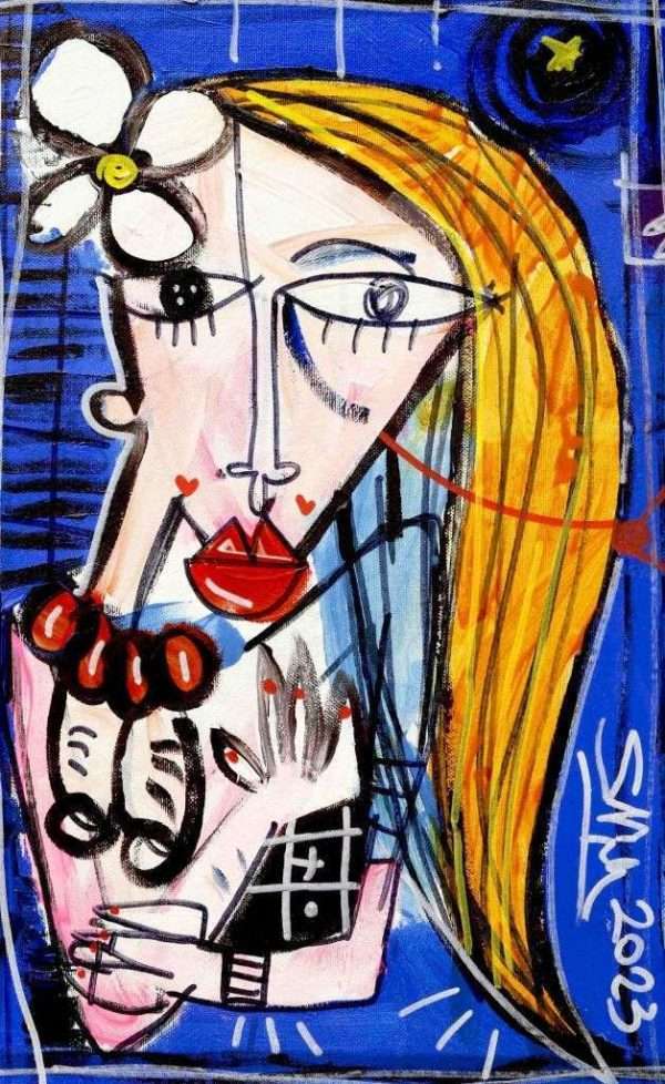 "L'Abusata"ist ein weiblicher Akt, Porträt einer Frau im zeitgenössischen kubistischen Stil, handgemalt mit Acrylfarben und Öl auf Leinwand vom italienischen Künstler Alessandro Siviglia. Die schöne Frau mit langen blonden Haaren trägt nur eine rote Perlenkette und eine Blume im Haar.