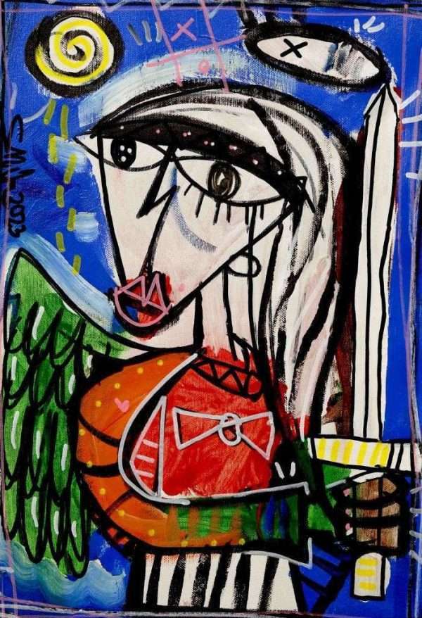 "L'Angela Italiana" ist ein Originalgemälde von Alessandro Siviglia mit Acrylfarben und Öl auf Leinwand. Das zeitgenössische Kunstwerk zeigt einen Engel mit einem Schwert vor blauem Hintergrund. Dieser weibliche Engel hat grüne Flügel, ein rotes Kleid und weißes Haar und verkörpert somit die drei Farben Italiens. Ein kleines Gemälde, ideal zur Dekoration des Büros oder Ateliers. Auch perfekt für jemanden, der Italien liebt, insbesondere für einen Politiker oder Diplomaten.