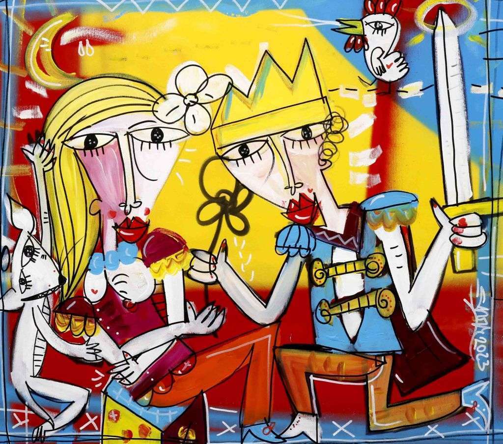 "Il Seduttore" ist ein romantisches Kunstwerk mit intensiven warmen Farben wie Gelb und Rot kombiniert mit einem hellen Blau, das einen tollen Kontrast bildet. Die figurative Szene zeigt einen König, der einer schönen Dame den Hof macht und ihr eine Blume schenkt. Die Figuren sind mit Acrylfarben gemalt, während der Hintergrund mit Spray kreiert wurde, einer Mischtechnik, die häufig vom italienischen Künstler Alessandro Siviglia verwendet wird.