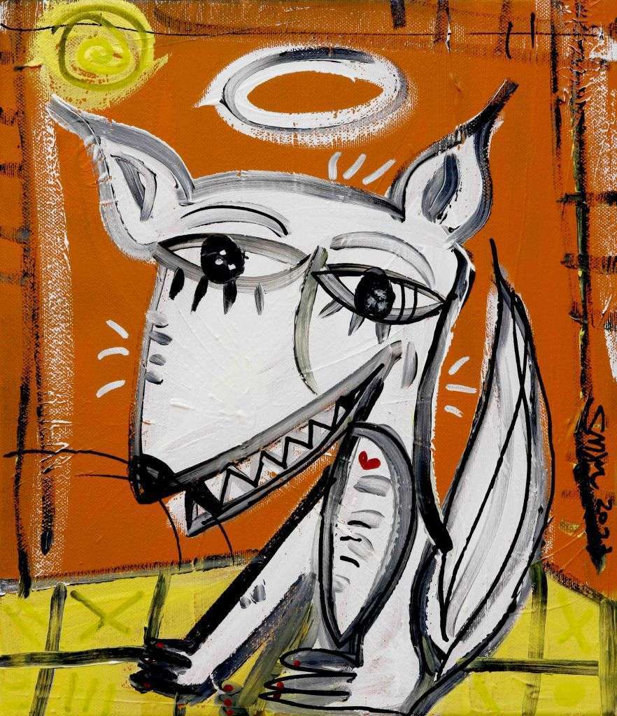 Crazy Dog Beak ist ein modernes Gemälde mit einem kleinen weißen Hund auf orangefarbenem Hintergrund