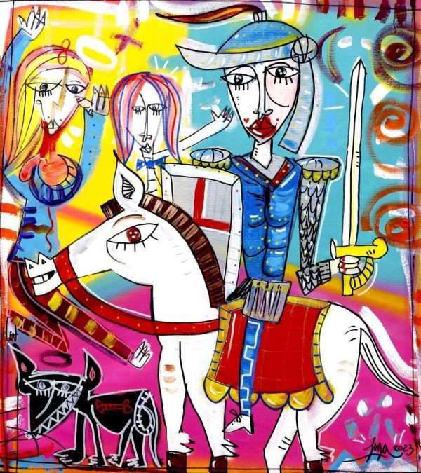 Quadro moderno con fucsia e celeste chiaro 75x70 Il Protettore