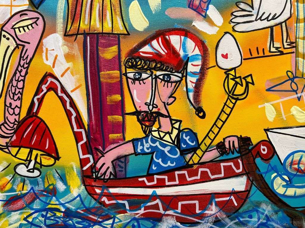 "Il Pescatore di Purpetielli" ist ein modernes Gemälde von Alessandro Siviglia. Dieses farbenfrohe und unterhaltsame Kunstwerk zeigt einen traditionellem Fischer, der mit einem Fischerboot nachts Tintenfische fischt. Das kleine rechteckige Format der Arbeit findet überall Platz und eignet sich perfekt zur Einrichtung eines Fischrestaurants oder eines Hotelzimmers am Meer.