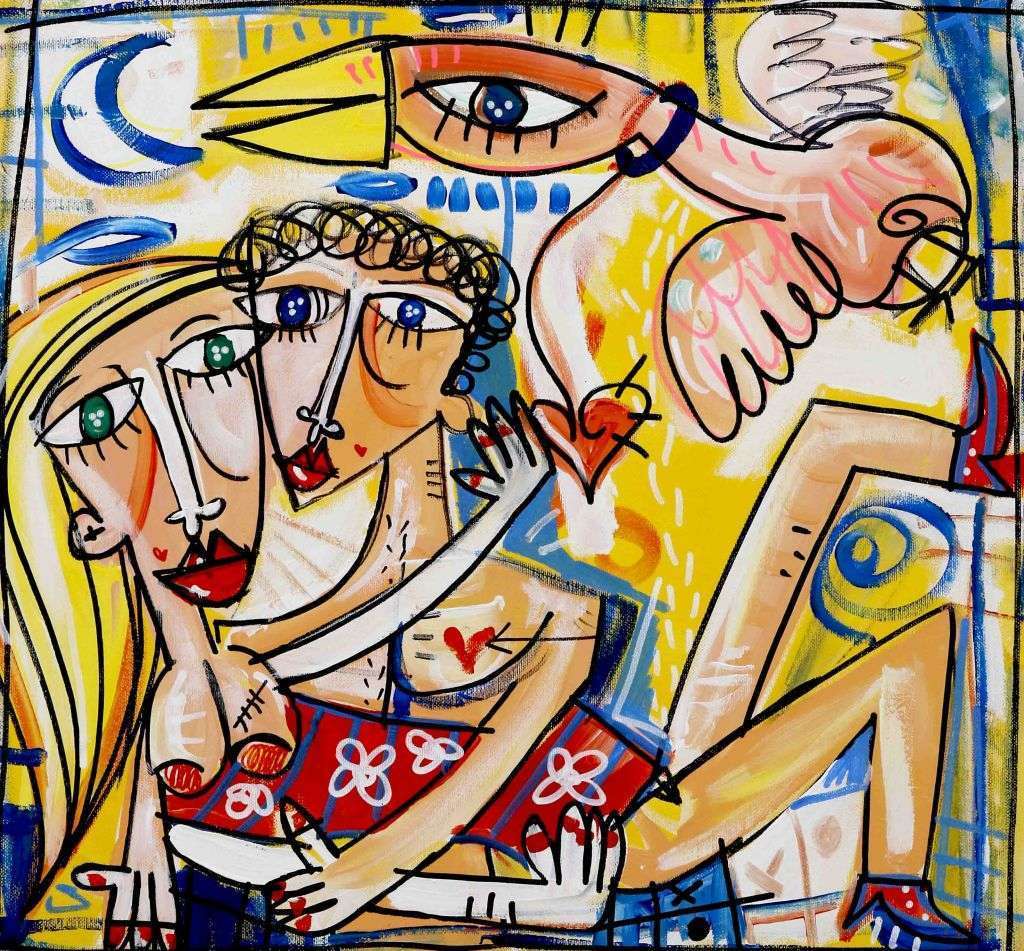 "Cicatrici d'Amore" modern painting on canvas with yellow background, portrait of two lovers hugging and kissing. Perfect as wedding gift. Happy art that transmits love and passion.