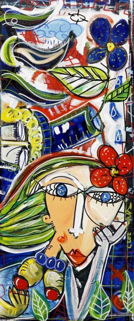 "Profondo Blu" is a modern painting by contemporary artist Alessandro Siviglia. The work shows a woman with a thoughtful or dreamy expression holding her head with one hand. She has a red flower in her blond hair and fish eyes. The background of the painting is a dark blue and the long narrow vertical format gives the impression of her lying on the ocean bed. The perfect artwork to decorate your holiday house at the sea, a hotel room in a beach area or even your fancy bathroom.