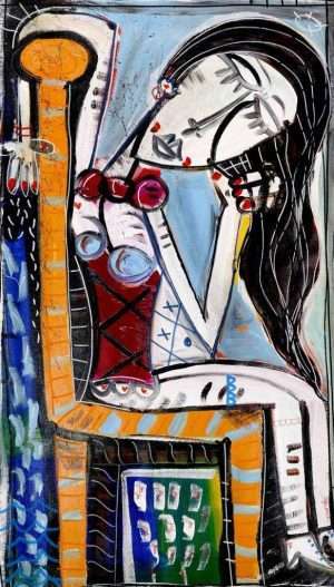 il pensiero, quadro moderno su tela donna che pensa seduta nella sua camera, arredamento bagno