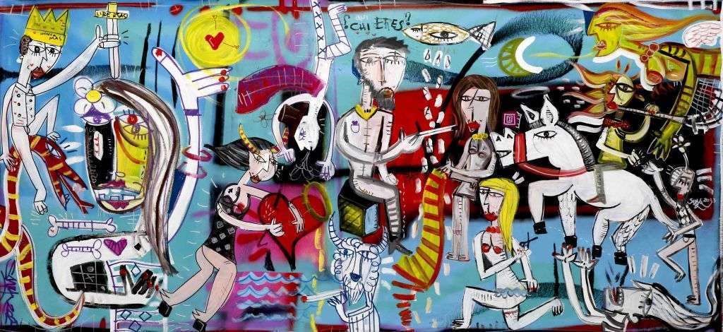 "Ma Che Rè" is a Large colorful canvas painting by contemporary artist Alessandro Siviglia. This figurative painting was made with spray colors for the background and acrylic for the characters. The typical Siviglia scene consists of many different figures and symbols all intertwined and interacting in a rather bizarre and surreal way. Acolorful work with turquoise, pink, red and yellow perfect to furnish spacious rooms like a bright living room in a big house or the lobby of a hotel or of a company.