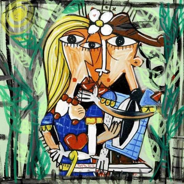 Dipinto olio su tela 30x30 Bacio nel Bosco